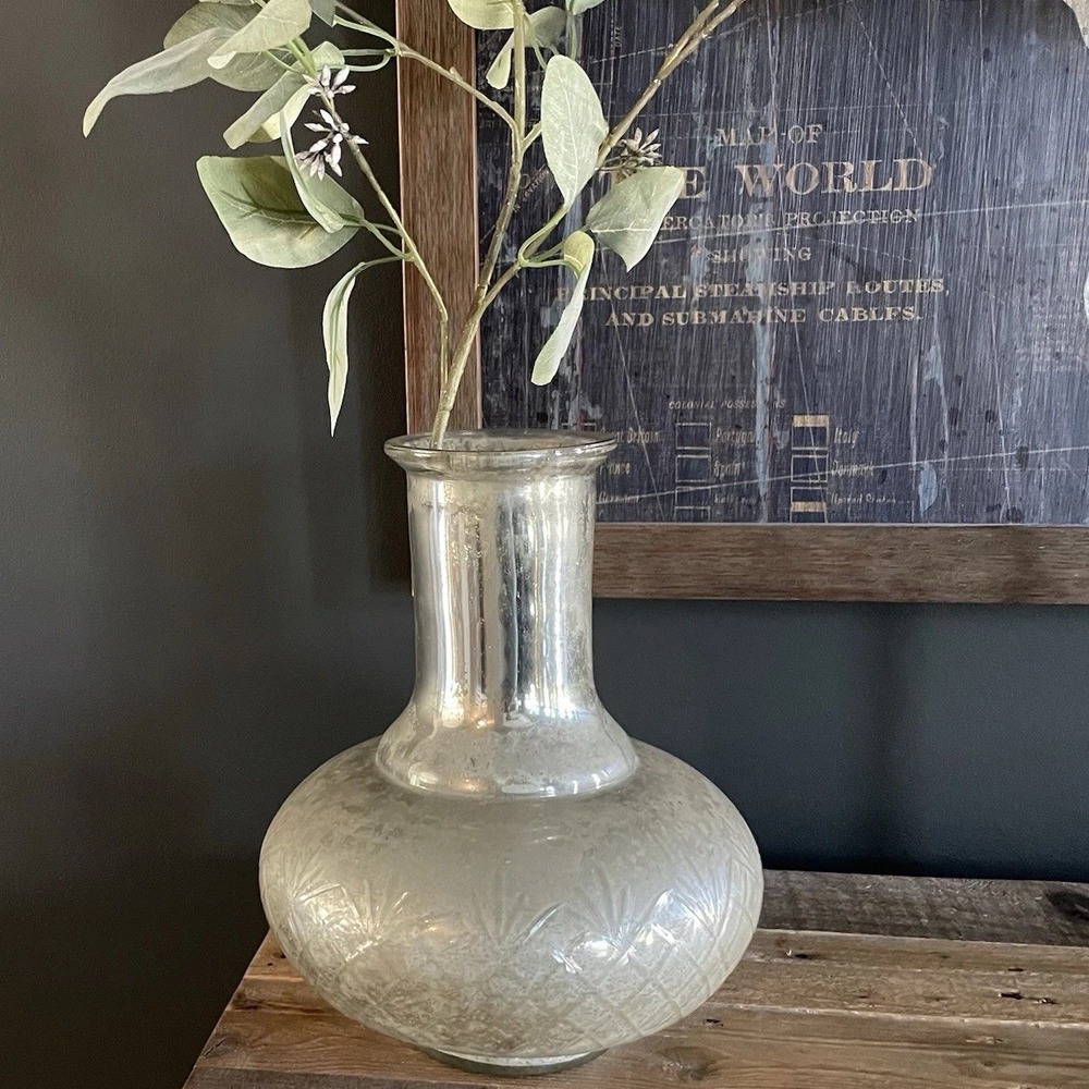 POTTERY BARN Kingsley 11" Etched Silver Mercury Glass Vase Retro Antique Style